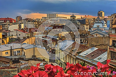 Bucharest old town at sunset Stock Photo
